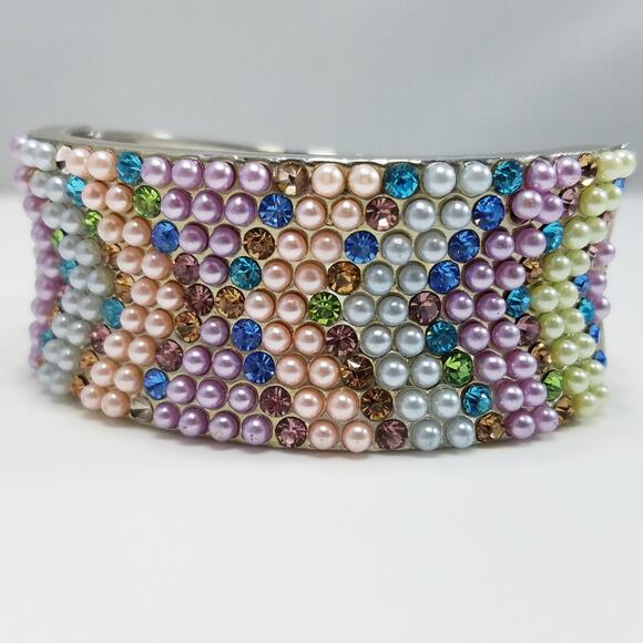 Faux Pearl Rhinestone Hinged Silver Tone Bracelet, 7 Inches - Picture 6 of 8